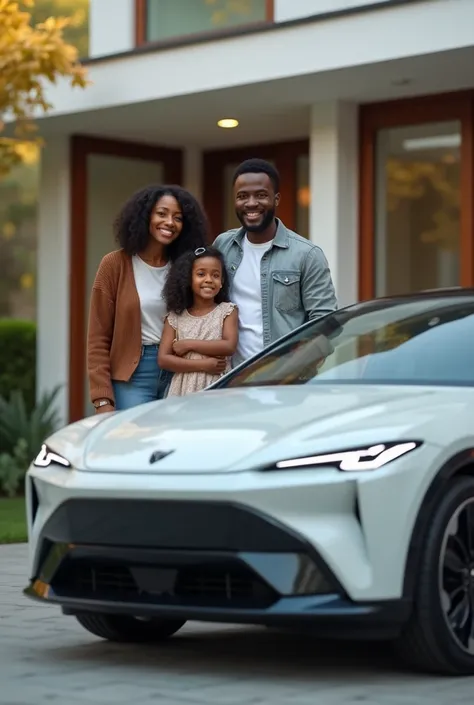 A black couple with their s next to an electric car