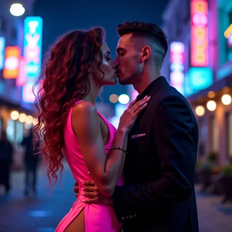 Full length.Couple kissing passionately under a night sky lit up by neon lights. An Italian woman with long brown curly hair with bright mahogany highlights and blue eyes wears a neon pink dress with a very deep slit, leans towards her partner, an Italian ...