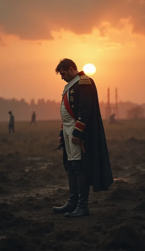 A symbolic image of Napoleon standing alone on a desolate, muddy battlefield, his head slightly bowed, with an ominous sunset in the background suggesting the end of an era.