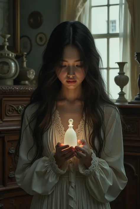 The long-haired girl looked mysterious, looking at a small, simple white perfume bottle held in an antique house atmosphere.
