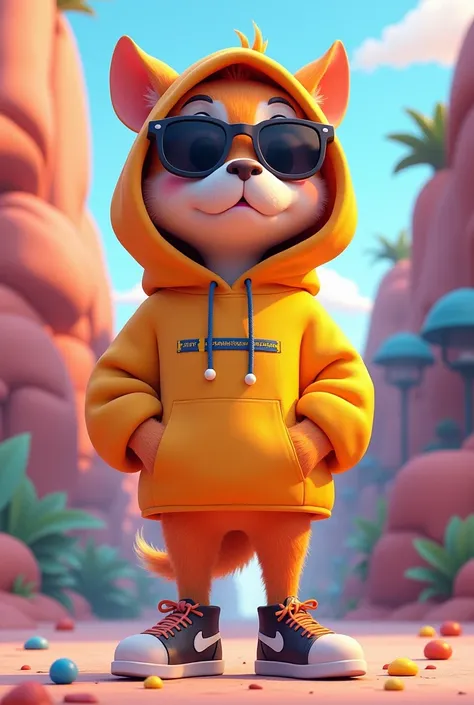 Cartoon animae character wearing hodi and sun glasses 