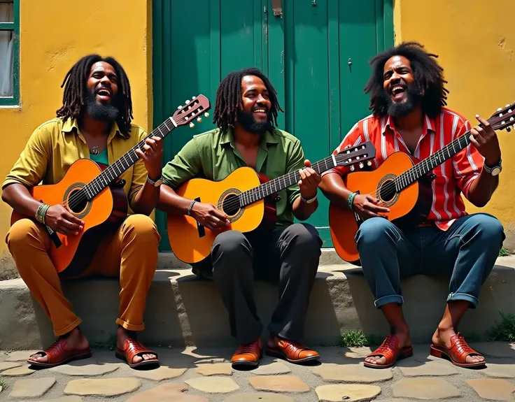 three men sitting on a stone floor playing guitars and singing, artwork of pedro bell, cuban setting, by José Comas Quesada, featured art, reggae, by José Malhoa, james edmiston, phone wallpaper, mobile wallpaper, jamaican vibe, description, raggae art, al...