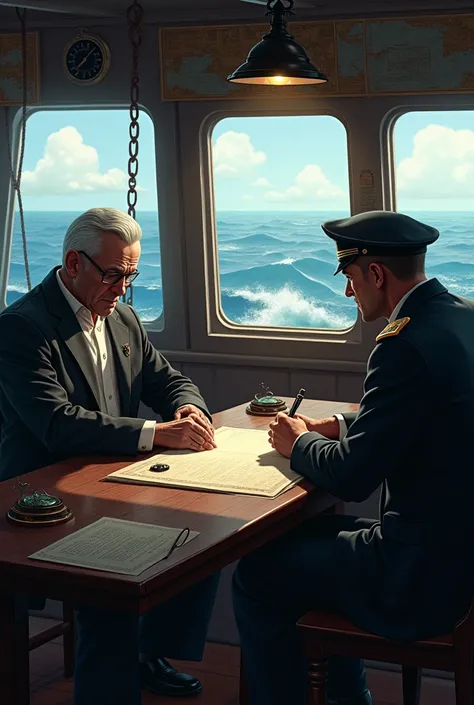 
" Illustrates a scene from a maritime will in process .  A ship captain acts as a witness while a sailor dictates his last wishes to a lawyer present on board,  who takes notes in a professional and solemn environment .  The scene takes place in a well-li...