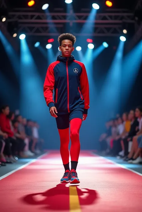 Generate a pop-up event of Steady Stride with the themed Anniversary Spectacle: Energetic Paris at Pavilion Bukit Jalil which include a model have stunning runway show with wear our new highly anticipated Olympic Paris 2024 limited-edition sport shoes, pic...