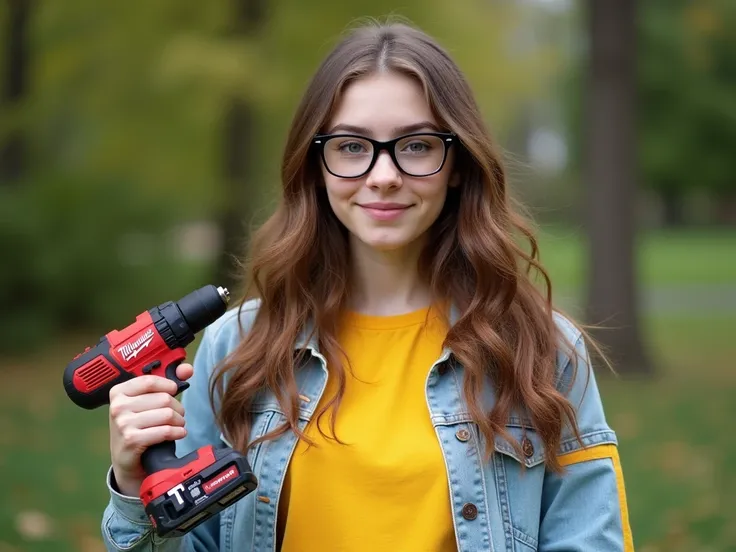 
Image is a portrait-style photograph featuring a young woman with fair skin and long, wavy brown hair. She is wearing black-rimmed glasses and a casual outfit consisting of a yellow shirt and a light blue denim jacket with yellow accents on the sleeves. T...