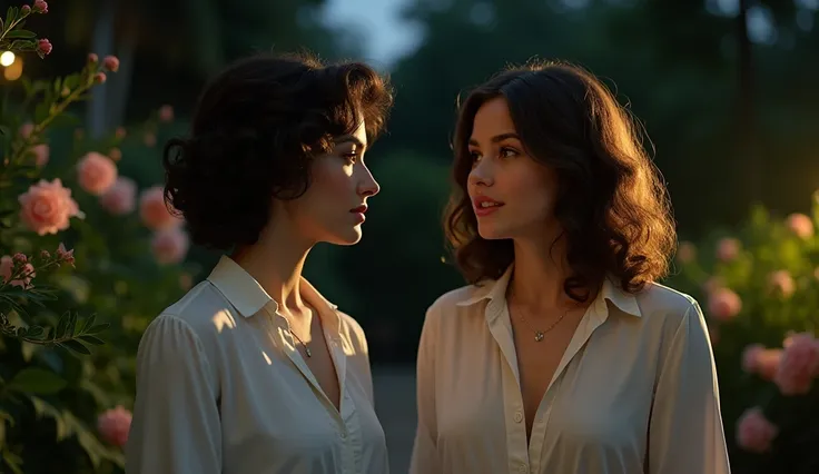 Elizabeth Taylor, white blouse standing, talking to a teenage girl (Amber Heard) in a garden, night time.