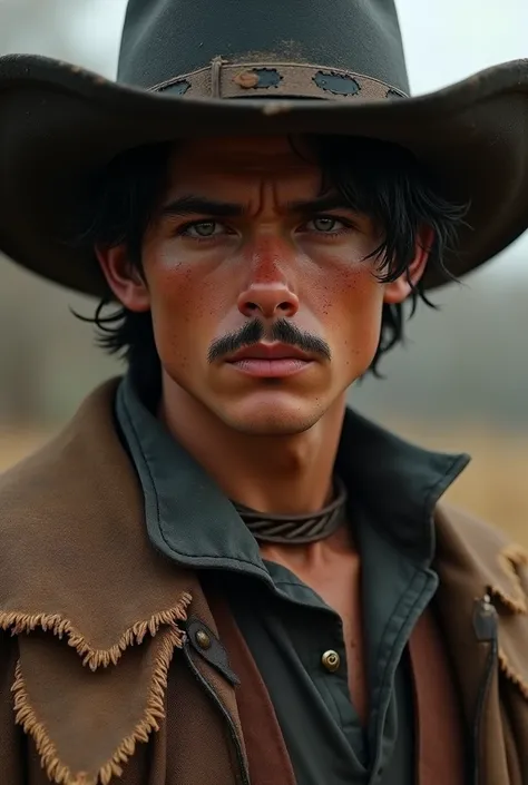 (photorealism:1.2),  create a character he has a typical Old West look .  He wears a wide-brimmed black hat ,  has wavy and dark hair that passes slightly over his shoulders .  His skin is marked by freckles and dirt ,  suggesting a strenuous lifestyle or ...