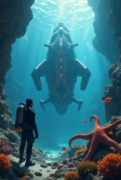 Spaceship, under sea, galaxy, Emessive starfish, diver looking spaceship