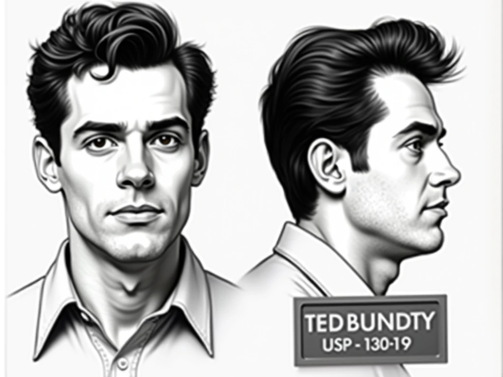 Create a stylized digital illustration side-by-side black-and-white portraits of Ted Bundy. The left side depicts him as a young man with neatly combed, short, dark hair and a noticeable but subtle hairline. His facial expression is neutral and serious, wi...