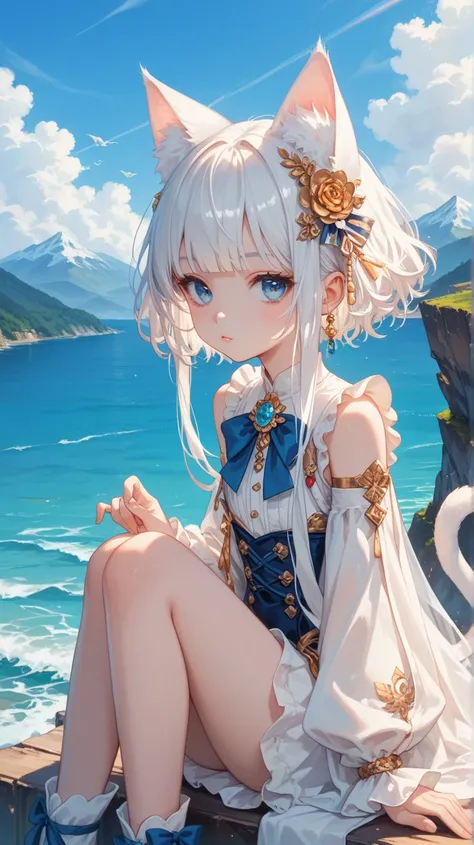  depicts an anime illustration in artistic style the soft and colorful.  The figure is a young girl with ears and a cats tail  (Nekomimi),  long silvery white hair ,  and bright blue eyes .  She is dressed in white clothes accented with gold that looks gra...