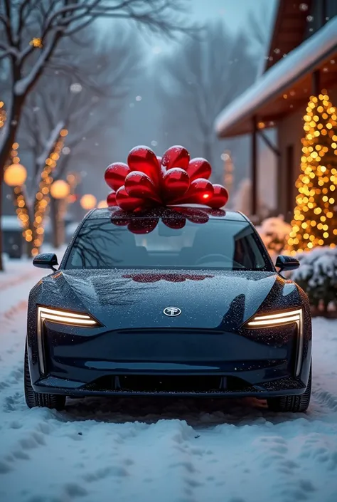 An electric car as a christmas present to a black  