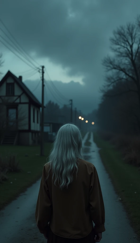 Image of white-haired old woman wearing brown shirt, standing with her back turned, behind the village road with small houses blurred, realistic image, night sky, dark, gloomy, scary space