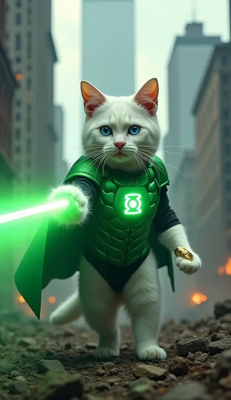 Kucing putih,  blue-eyed , wearing a green lantern costume ,  pops a green laser from his ring,  the background of the destroyed wtc building 