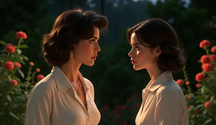 Elizabeth Taylor, white blouse standing, talking to a teenage girl (Amber Heard) in a garden, night time.