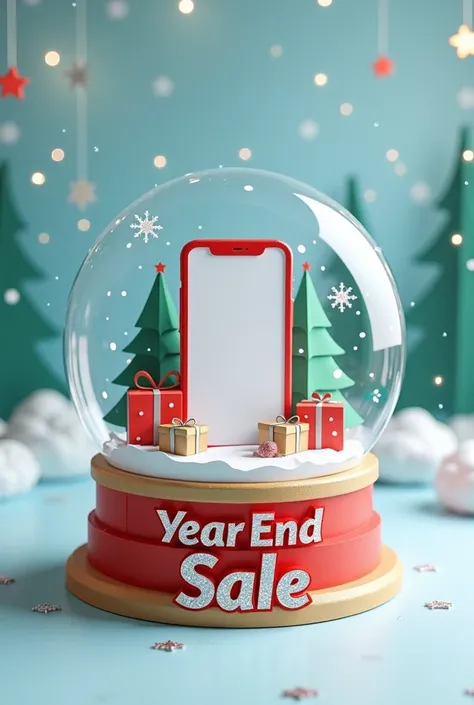 "A flat 3D snow globe pop-up design made with art carton. The globe features a circular frame with a transparent plastic sheet to mimic glass. Inside the globe is a smartphone centerpiece surrounded by paper snowflakes, miniature gifts, and a snowy village...