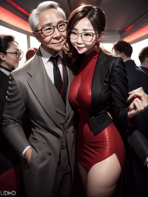 A beautiful woman wearing a revealing skirt suit, her elderly husband hugged and kissed her from behind in the crowded crowd, UHD, masterpiece, textured skin, super detail, best quality, 8k.