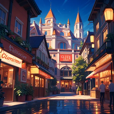 Cinema，Exterior view ，Building close-up，night，illumination，CinemaExterior view ，Game CG， HD quality 