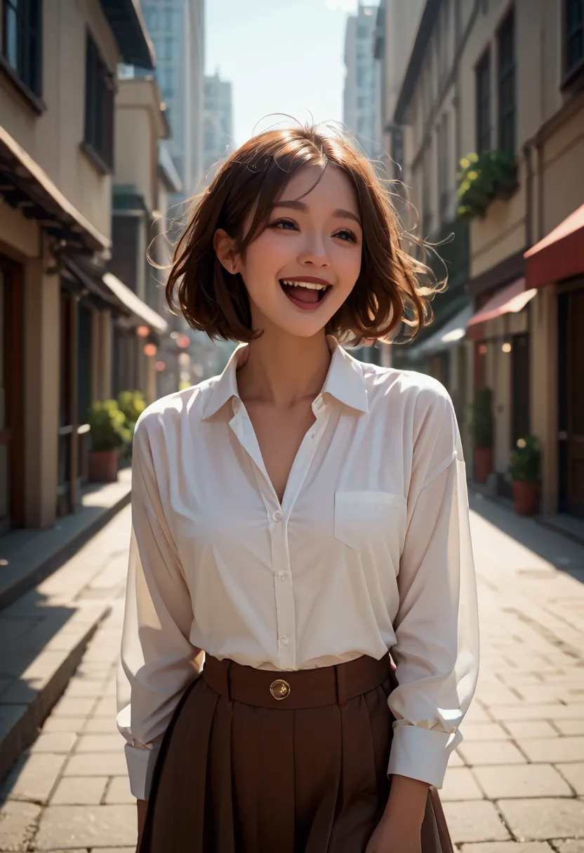 score 9, score 8_up, score 7_up, score real, beautiful face woman, Accurate limb expression,　(Looking up at the sky) 、((brown short pony tale hair)), amazing hourglass figure, (dark color long jacket and long skirt),(white collared long sleeve shirt), ((un...