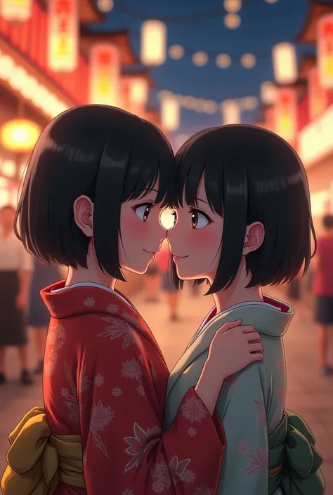 Twins girls, Double girls, Black short bob with long Bangs, realistic photography,(8k),((skinny legs), ((Hug)), (Kiss in the cheek) detailed face, detailed skin, profissional image, shy girls, girls with kimono, cute girls, (background de festival japonês)...