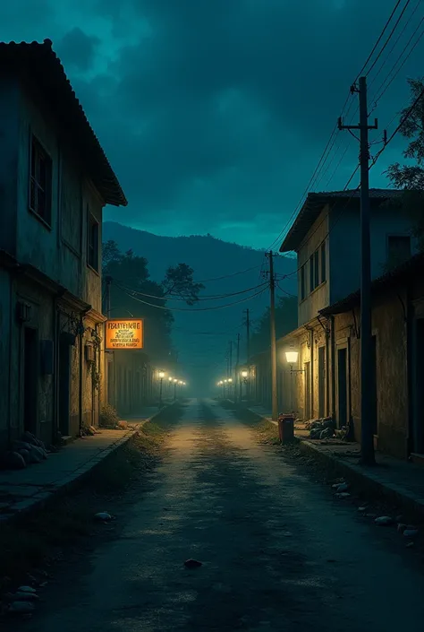 Create ultra-realistic image of a dark town at night in Venezuela 