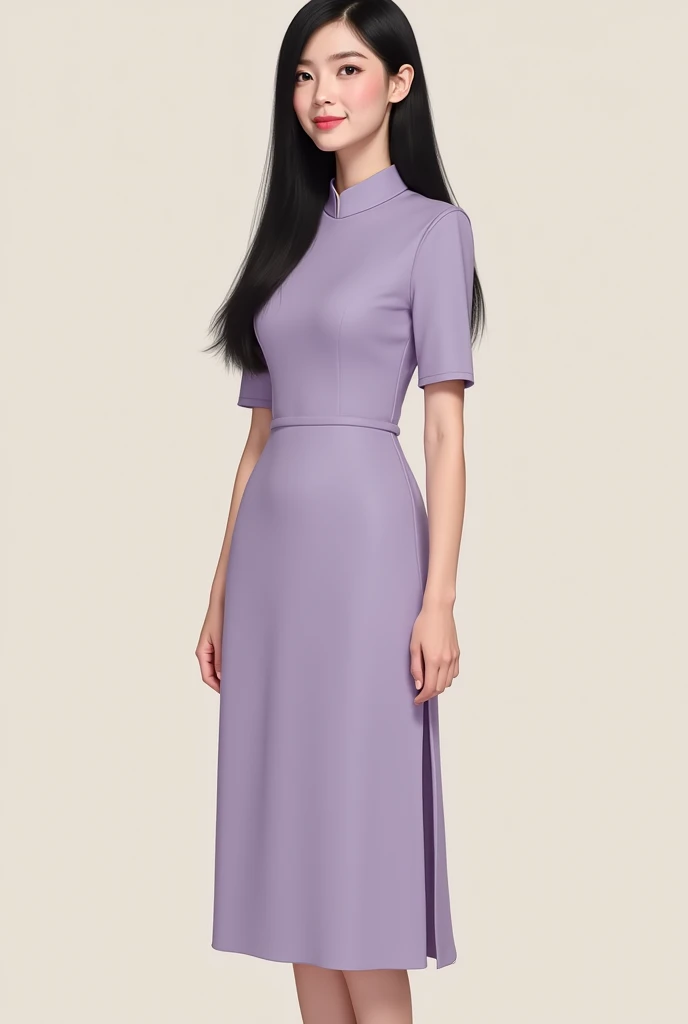 Generate a photo, frontview a female with long black hair with asian looks light violet dress that is conservative longer than her knees with short sleeves with closed heels illustration