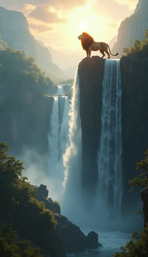 create an image of a tall waterfall with lion on top looking at the sun