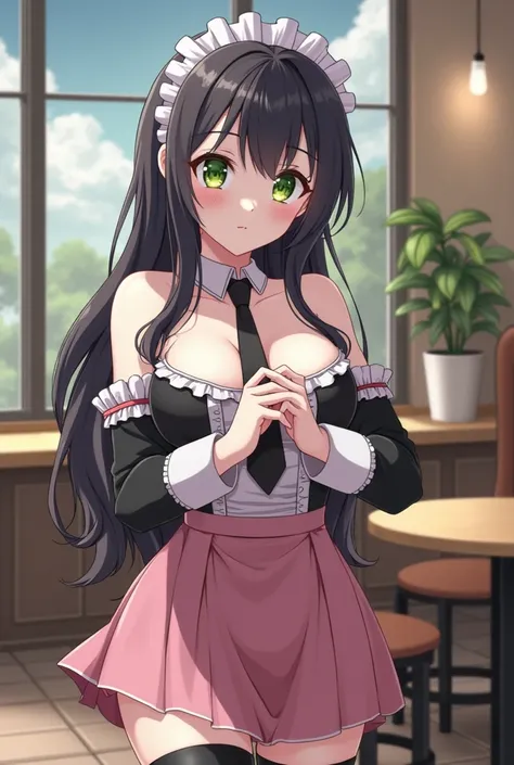 Pretty adult 20-year-old girl with long black hair and green eyes Esmeralda with big breasts making a sexy and sensual maid outfit with pink skirt and pink tie in the background of an empty coffee shop (hentai anime version ).