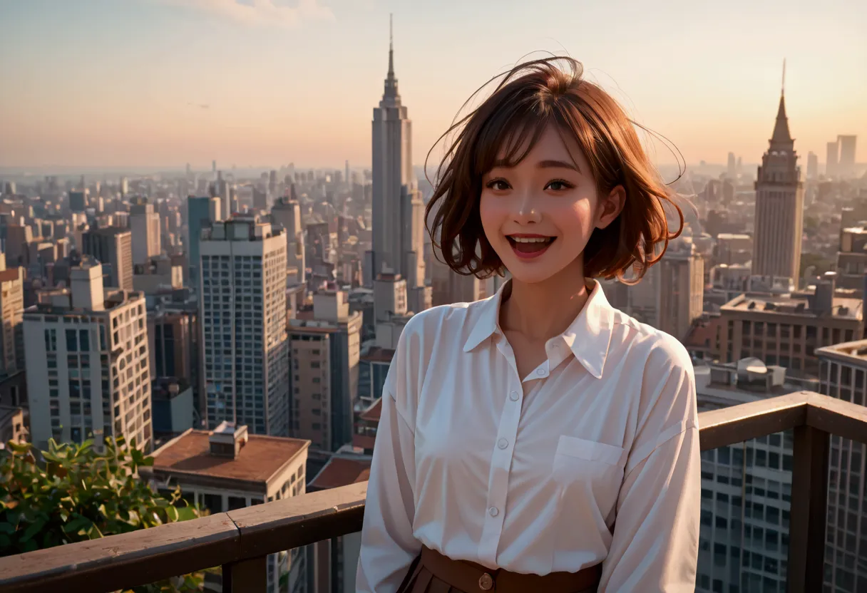 score 9, score 8_up, score 7_up, score real, beautiful face woman, Accurate limb expression,　(Looking up at the sky) 、((brown short pony tale hair)), amazing hourglass figure, (dark color long jacket and long skirt),(white collared long sleeve shirt), ((un...