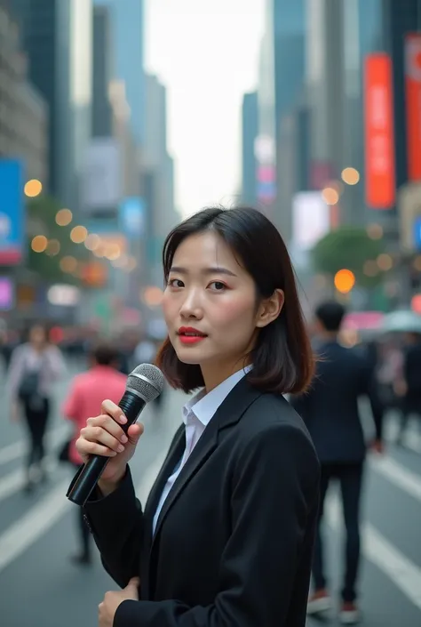 Asian journalist holding a microphone on the street