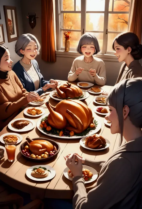 a happy family gathering for thanksgiving, a grandmother setting up a large feast on the table, smiling ren and adults laughing and playing together, vibrant autumn colors, warm cozy lighting, detailed realistic rendering, masterpiece, 8k, photorealistic, ...