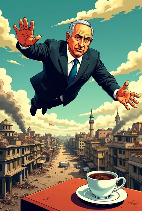 generate image, Benjamin Netanyahu flying over Gaza , with a layer of United States ,  city in bombings and a cup of coffee in my hand. 60s comic book style 