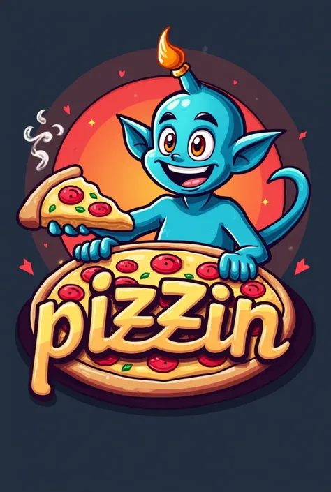 Pizza and genie logo, written Pizzin on it