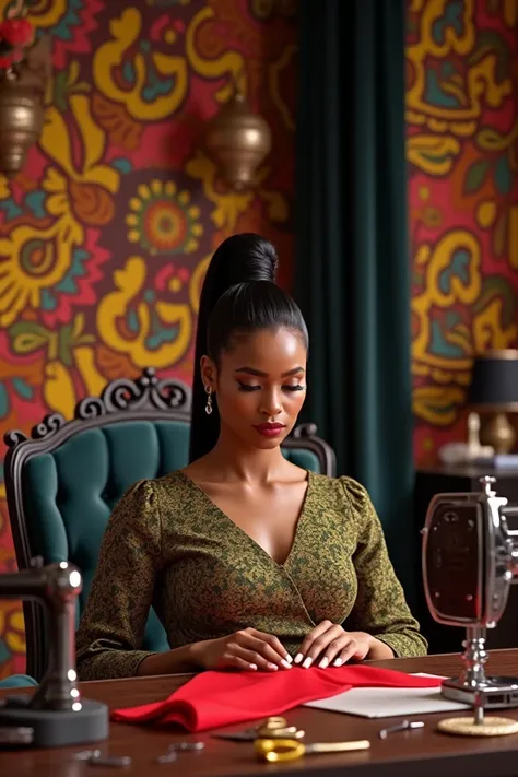 A beautiful fashion designer sitting on a luxury chair sewing on the table there is a industrial machine a tap and scissor beside the table with ankara designs on the wall and her brand name boldly on the wall hellen stephen fashion home