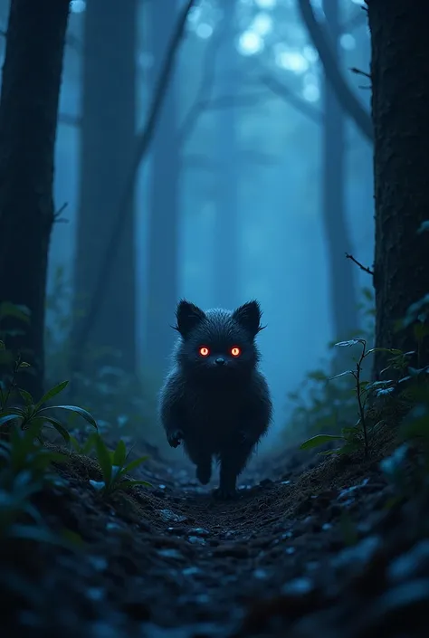 small humanoid creature with hair on its body with neon colored eyes walking in the forest at night