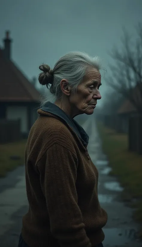 Image of an old woman with white hair tied up in a bun, wearing an old brown sweater, wrinkled skin, standing with her back turned, behind a village road with small houses blurred, realistic image, night sky, dark, gloomy, scary space