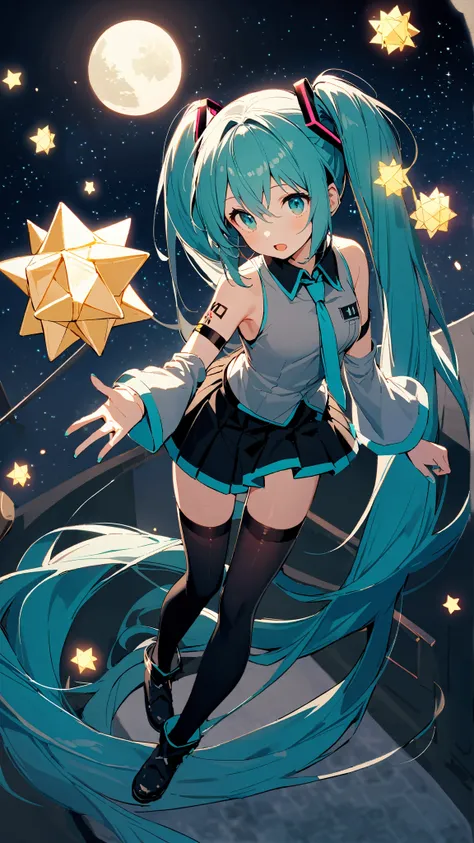 1girl,
hatsune miku,
solo,full body,fantasy,dreamlike,night,a dreamy scene,aqua nails,long hair,aqua eyes,necktie,starry sky,black footwear,armlet,open mouth,sky,moon,sleeveless shirt,shirt,black skirt,pleated skirt,small stellated dodecahedron,very long h...