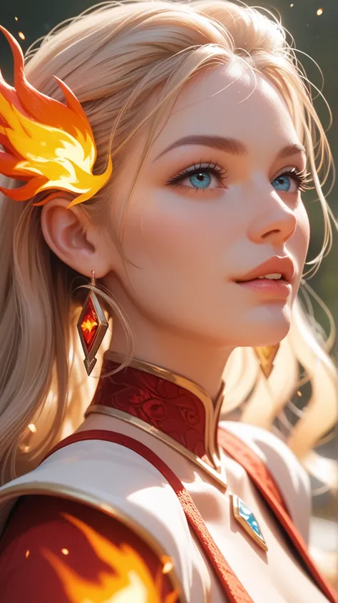 fiery phoenix mage casting an electric spell hovering near a swirling vortex, close-up portrait