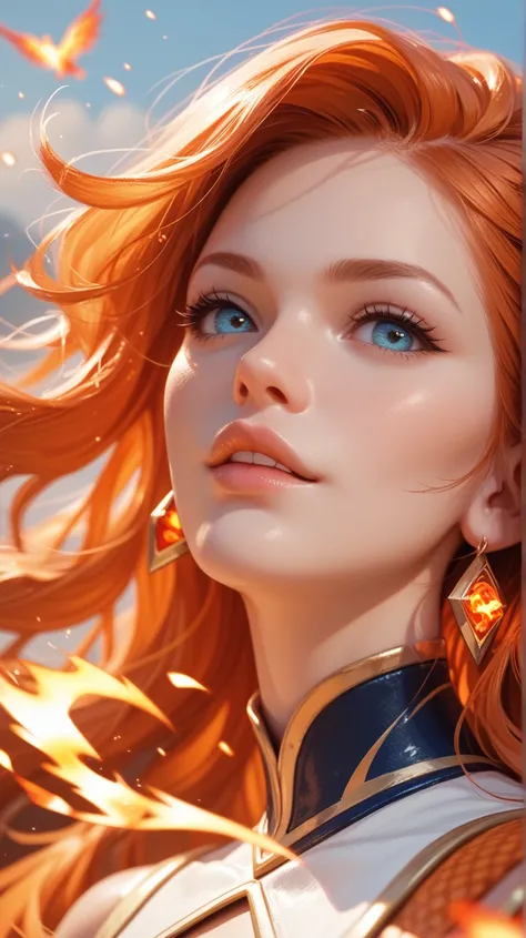 fiery phoenix mage casting an electric spell hovering near a swirling vortex, close-up portrait