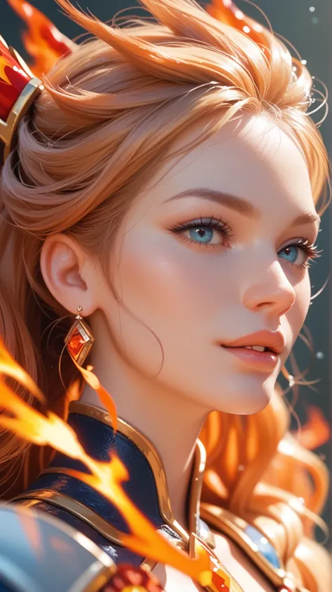 fiery phoenix mage casting an electric spell hovering near a swirling vortex, close-up portrait