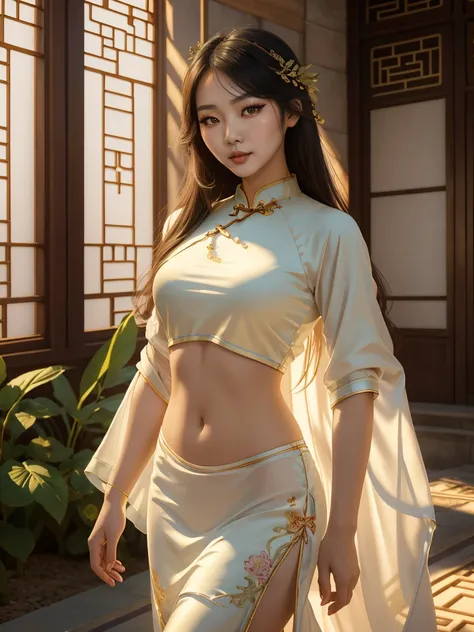 soft_light, (((soft lighting, Masterpiece portrait of Asian goth beauty wearing Cheongsam|bikini))), long hair, beauty mark, standing in A cozy small garden pool of an ancient Alhambra building, Persia-inspired, colorful pillows, and carpets, by Greg Rutko...