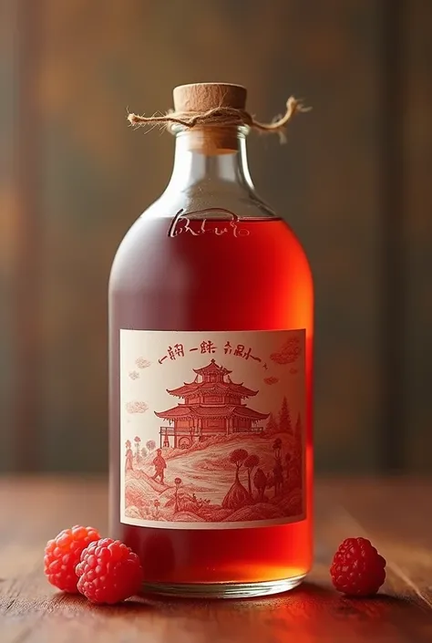 Bouteille type soju , avec une etiquette ecrit “ frutao” 
Une grappe de raisin avec les couleur du drapeau de la france dans une teinte claire , la bouteille est creusé par des quelques boules de raisin