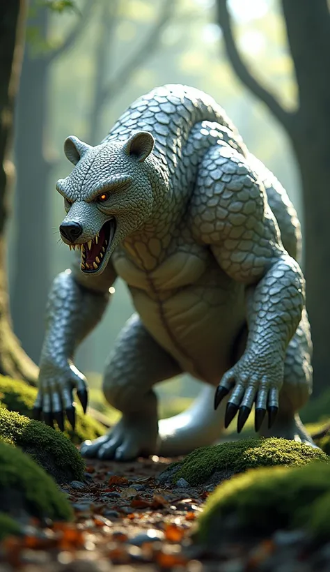 "A unique and realistic hybrid creature blending the features of a bear and a silver-white snake, standing in a dense forest. The creature has the muscular body and limbs of a bear, covered in shimmering, scale-like patterns, and its elongated neck resembl...