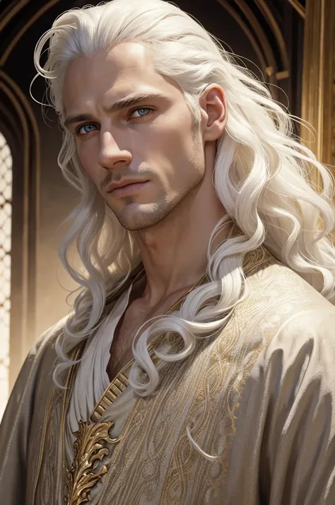 A man with a beautiful, clean, sharp face, long, curly, white hair, golden eyes, an old English outfit, no beard, Targaryen.