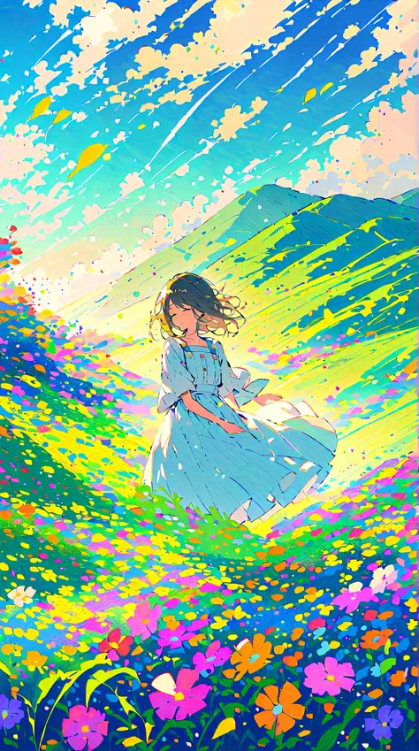  Create a bright and cheerful anime scene of a lush green mountain with a large windmill spinning atop it. The sky is clear and blue, dotted with fluffy white clouds, and the sunlight illuminates the vibrant colors of the landscape. Include colorful wildfl...