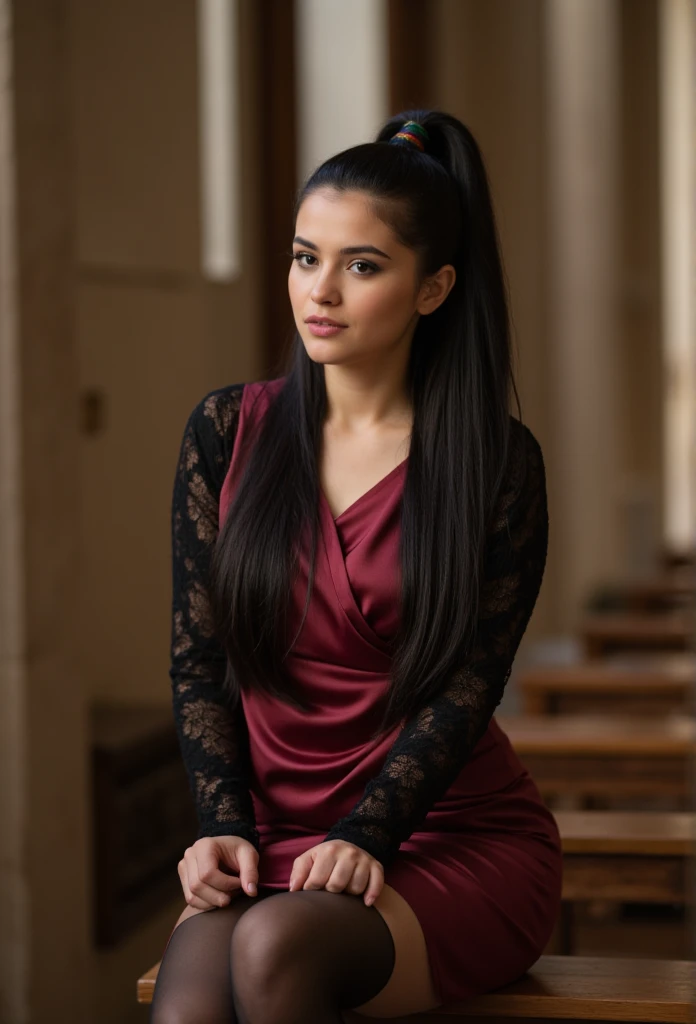 young black haired german woman, beautiful eyes. long black hair with ponytail. hairband, kneelengh dress in burgundy shiny satin with black lace sleeves, Tights, transparent lip gloss, narrow building, Pretty, 2, Full body photo, long legs, Satin top, Sit...