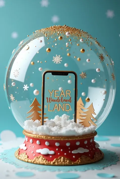 "A snow globe-inspired pop-up frame with a circular top layered to create a flat 3D illusion. The top section features paper snowflakes and a sprinkle of glitter resembling falling snow. Inside the globe, a smartphone is displayed alongside star embellishm...