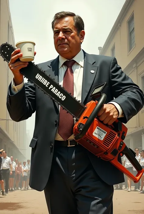  Colombian politician with a cup of coffee in his hand, with a chainsaw branded Uribe Paraco  