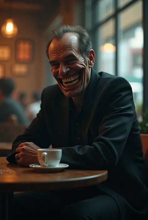  man with a terrifying presence sitting in a coffee shop smiling in a shady way, Inhuman ,  from ear to ear  
