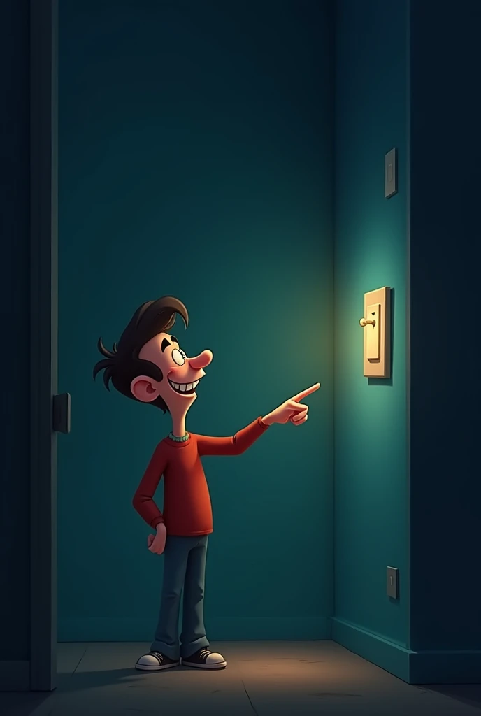 A man like in a cartoon is standing in a dark room near a light switch and points at it with his finger