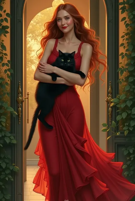  Art Nouveau、Red Rose、 shortcut、One beautiful woman、 and smiles 、 holding a black cat leaving the room、 Red Dress 、